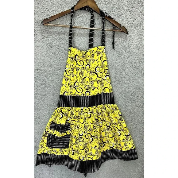 Bambino Amore bib apron yellow blue geometric polka dot pocket tie retro boho - Picture 1 of 5